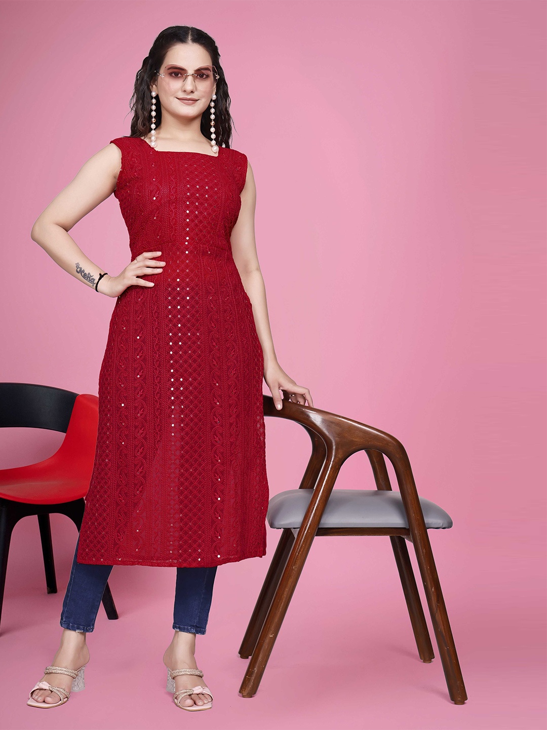 

PARROT CREATION Ethnic Motifs Embroidered Square Neck Chikankari Georgette Kurta, Red