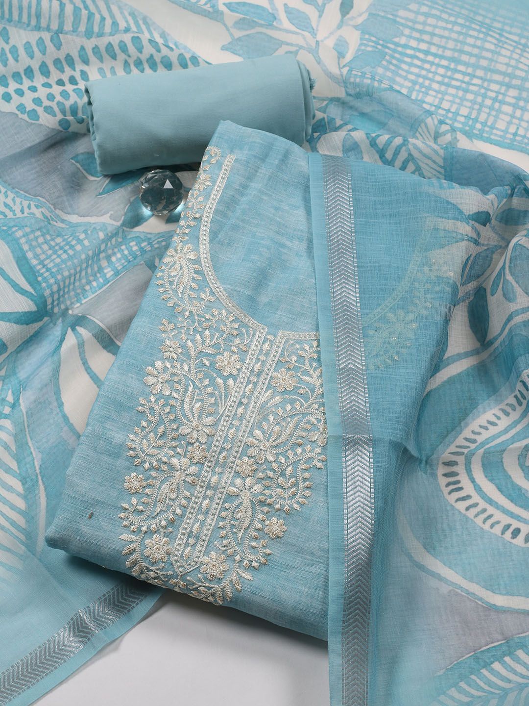 

Meena Bazaar Printed Linen Unstitched Dress Material, Blue
