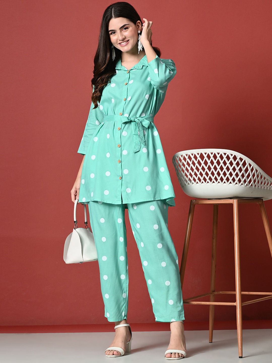 

ao services Printed Shirt Collar Tunic With Trousers, Sea green