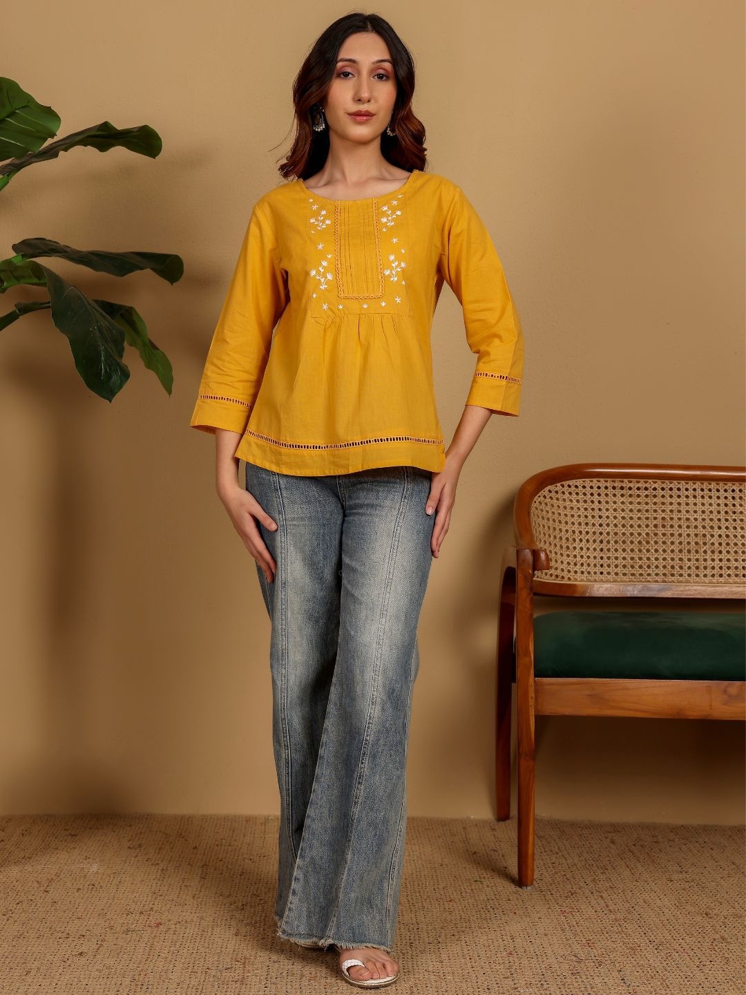 

Chowkhat Women Floral Cotton Top, Mustard