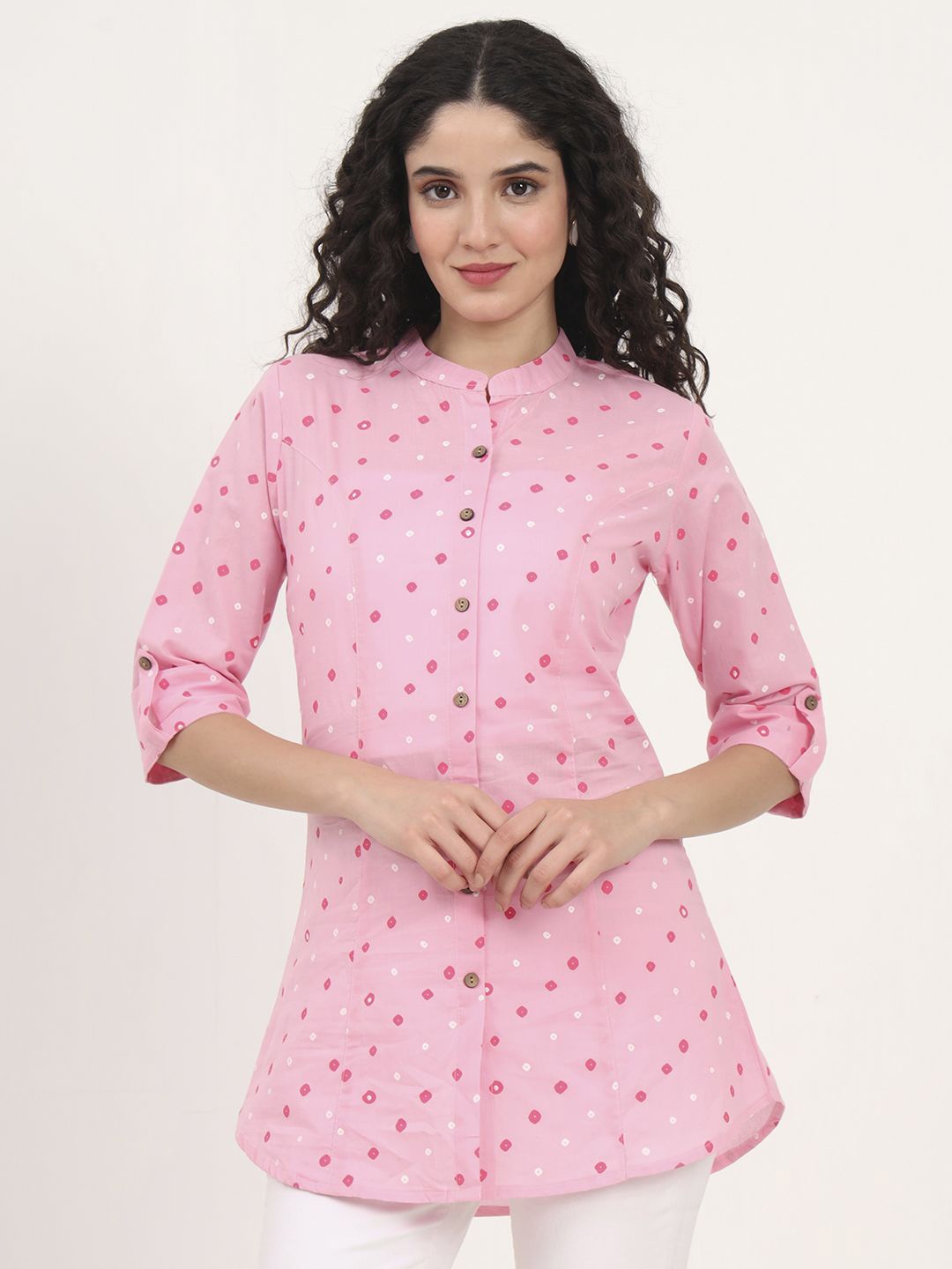 

Divena Bandhani Print Mandarin Collar Roll-Up Sleeves Cotton Shirt Style Top, Pink