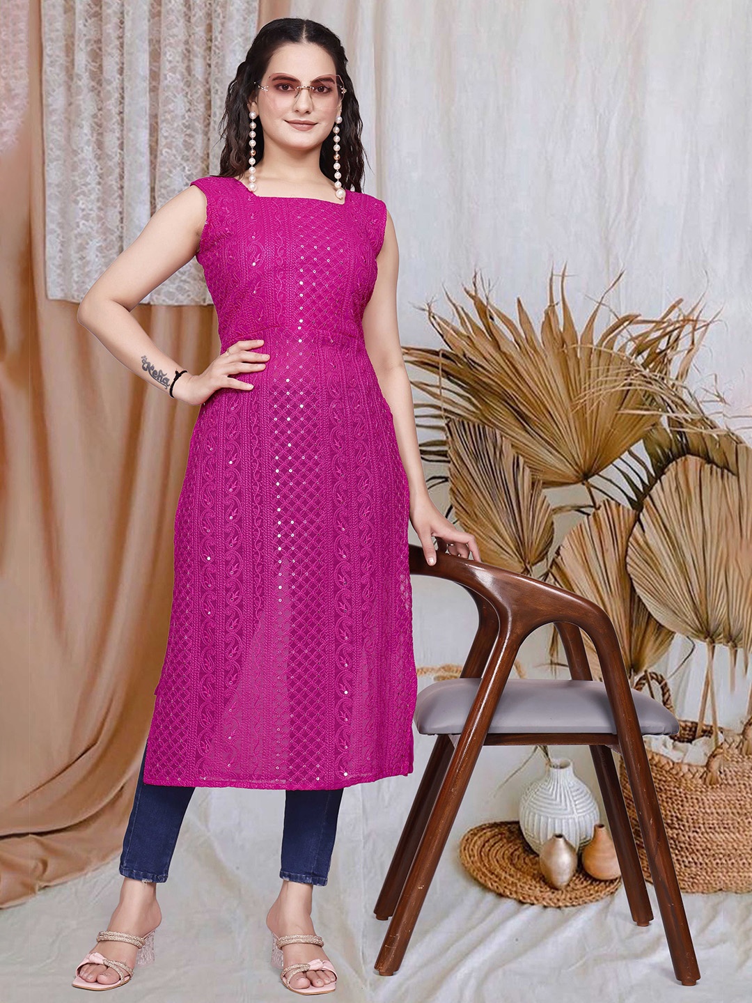

PARROT CREATION Paisley Chikankari Sequinned Embroidered Square Neck Georgette Kurta, Pink