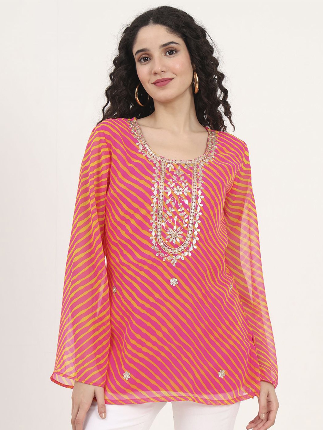 

Divena Women Print Bell Sleeve A-Line Top, Pink