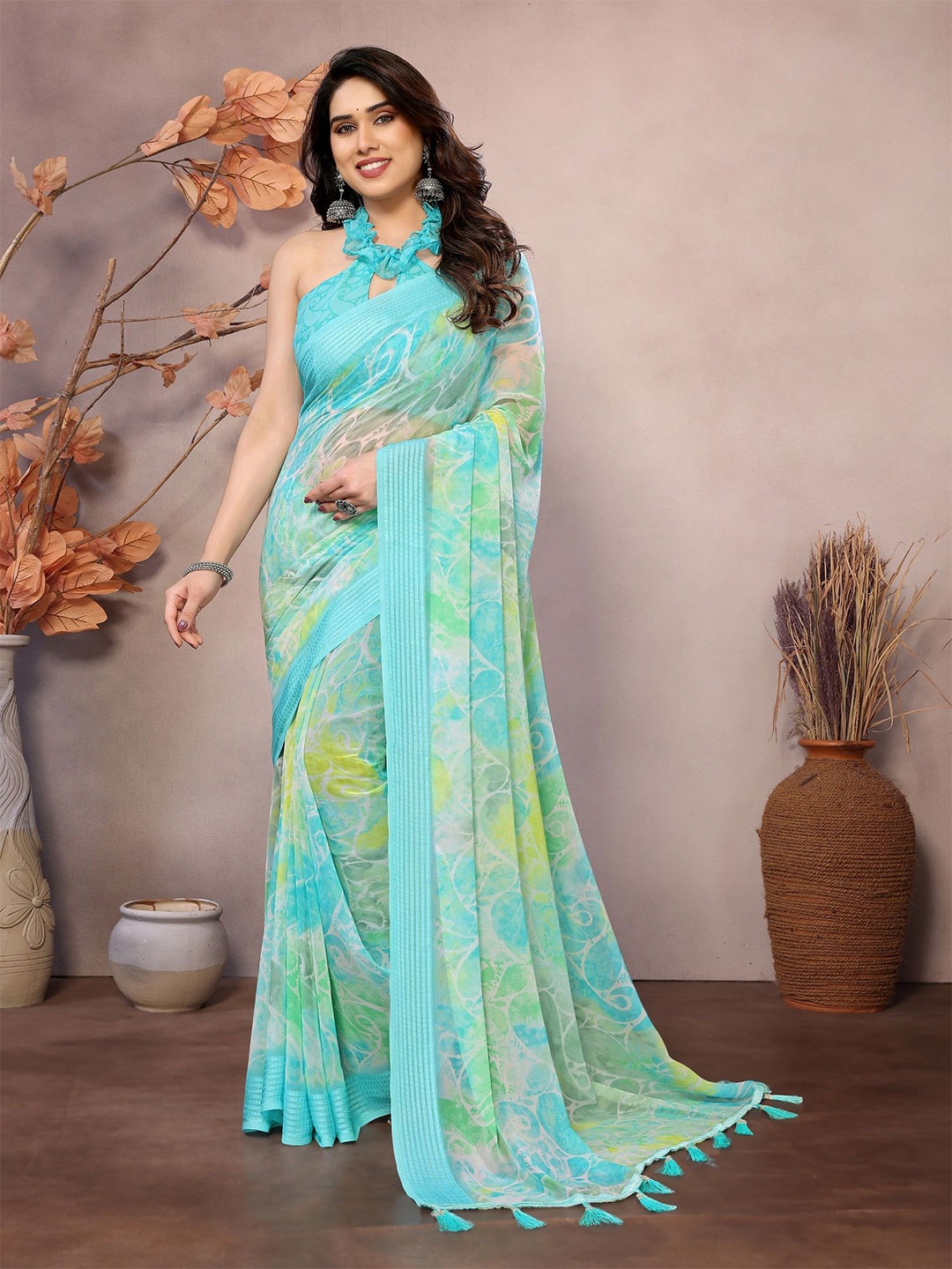 

ROOP SUNDARI SAREES Paisley Printed Pure Georgette Saree, Turquoise blue