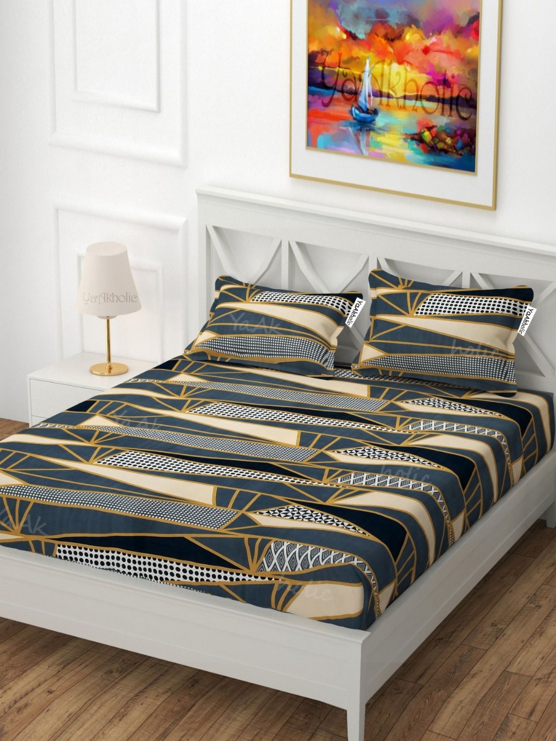 

YaAkholic Grey & Gold-Toned Geometric 210 TC King Bedsheet with 2 Pillow Covers