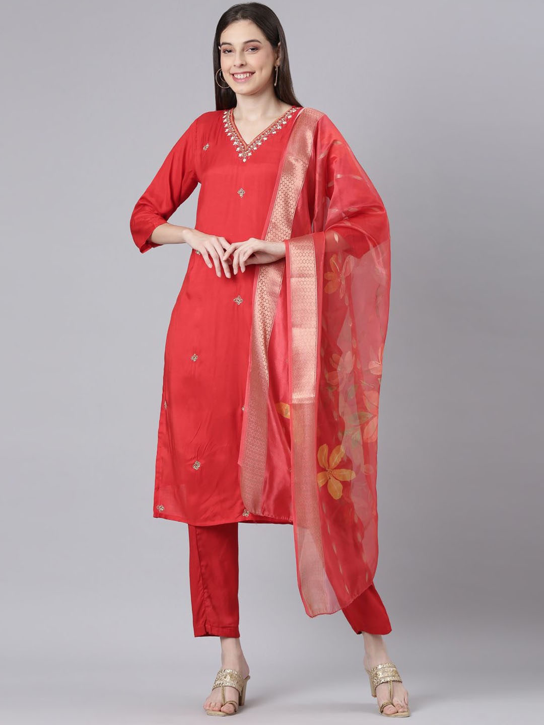 

Neerus Embroidered V-Neck Straight Beads and Stones Kurta With Trousers And Dupatta, Red
