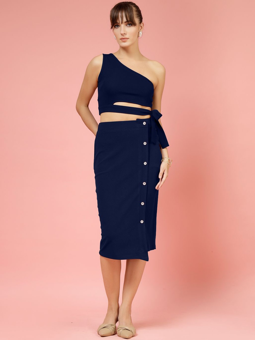 

DressBerry One Shoulder Crop Top With Pencil Skirt, Navy blue