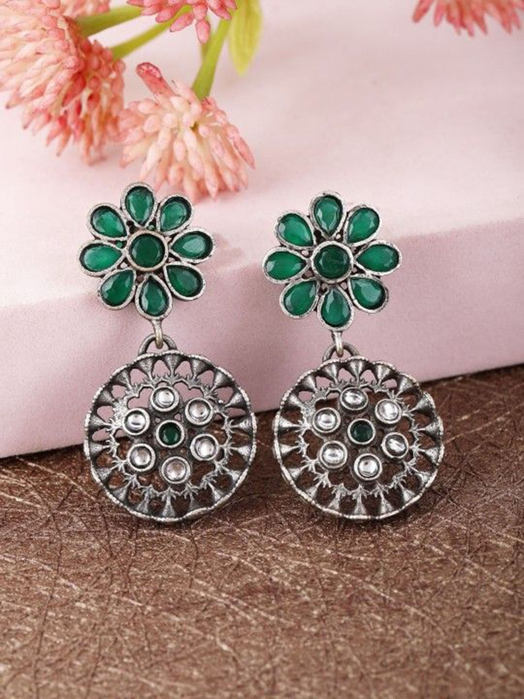 

Anouk Silver-Plated Artificial Stones Studded Floral Shaped Drop Earrings