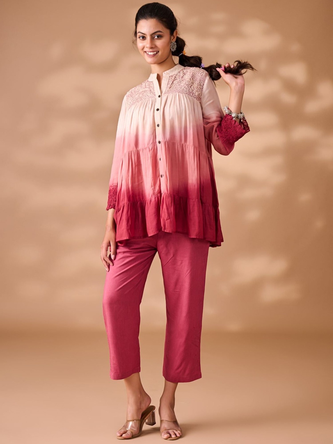 

FREYAA Tie-Dye Thread Work Mandarin Collar Pure Cotton Shirt With Trousers, Red