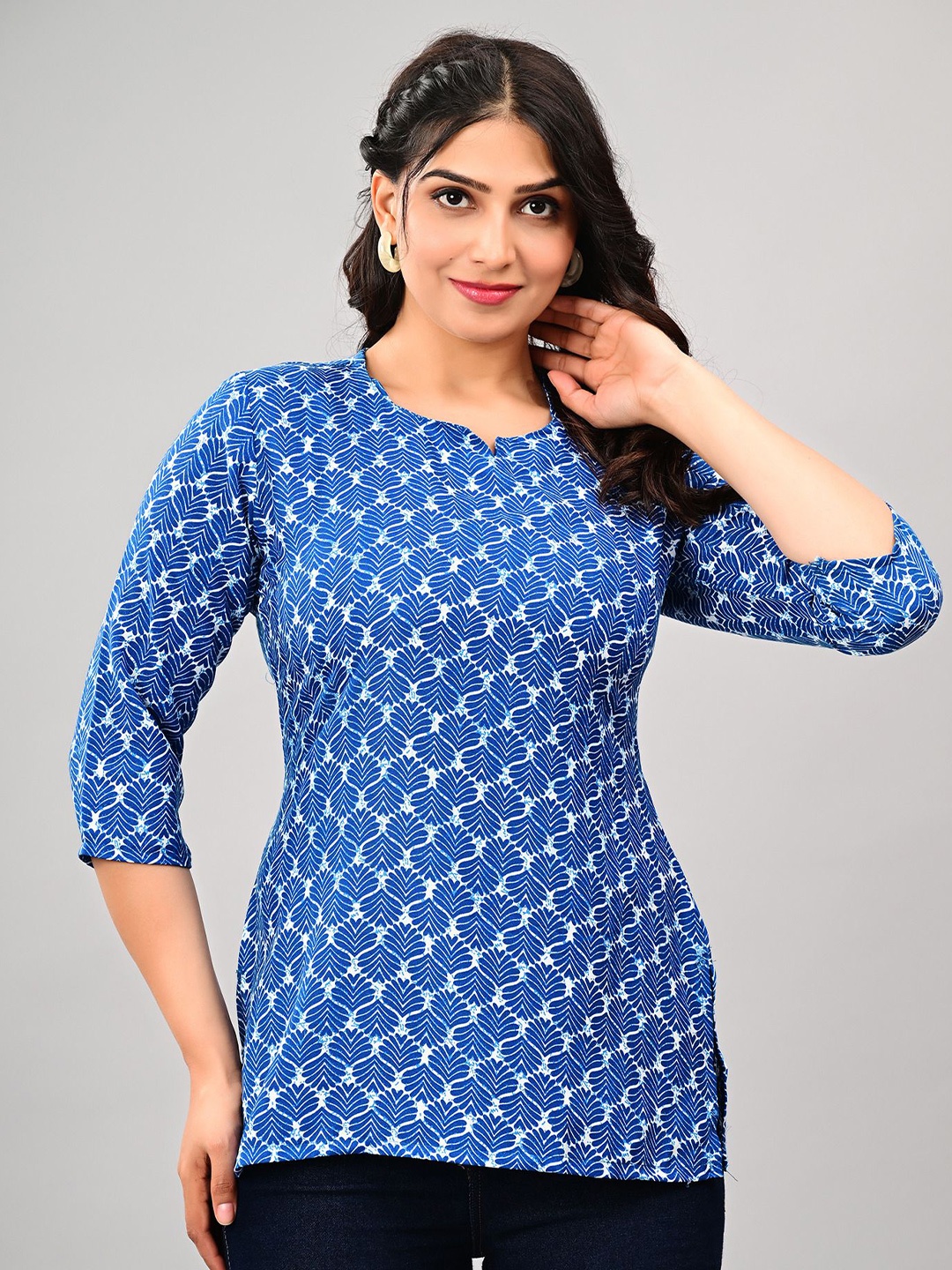 

ASHRU Ethnic Motifs Printed Pure Cotton Kurti, Blue