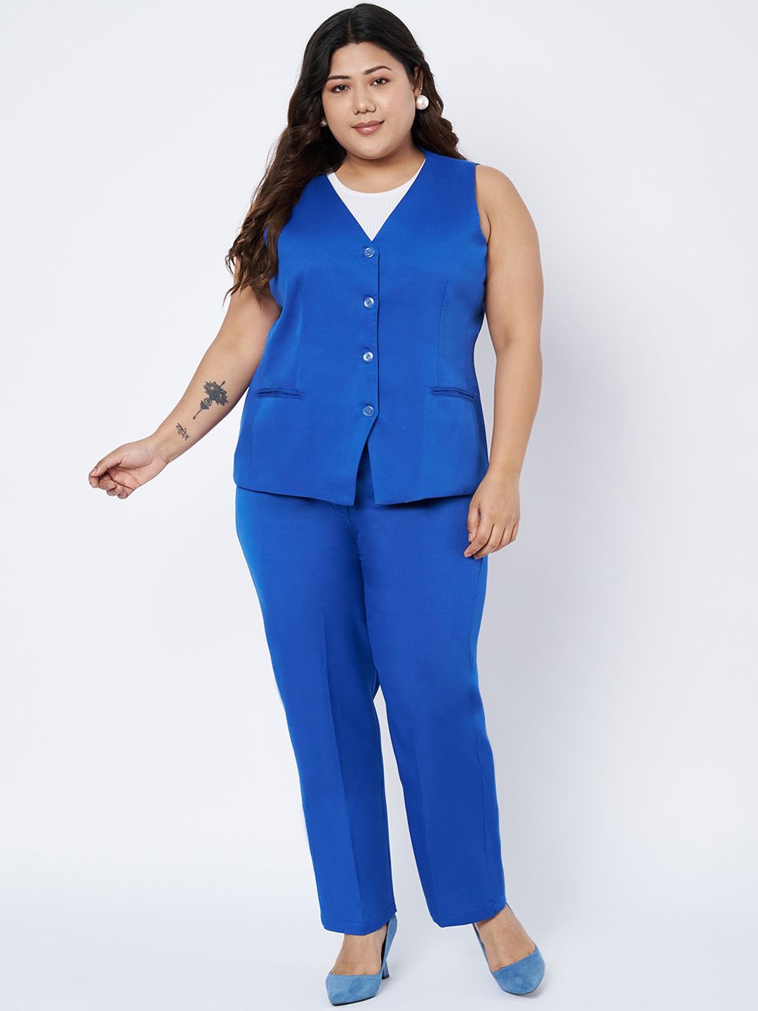 

BRINNS Women Collarless Regular Fit Single Breasted 2-Piece Formal Suit, Blue