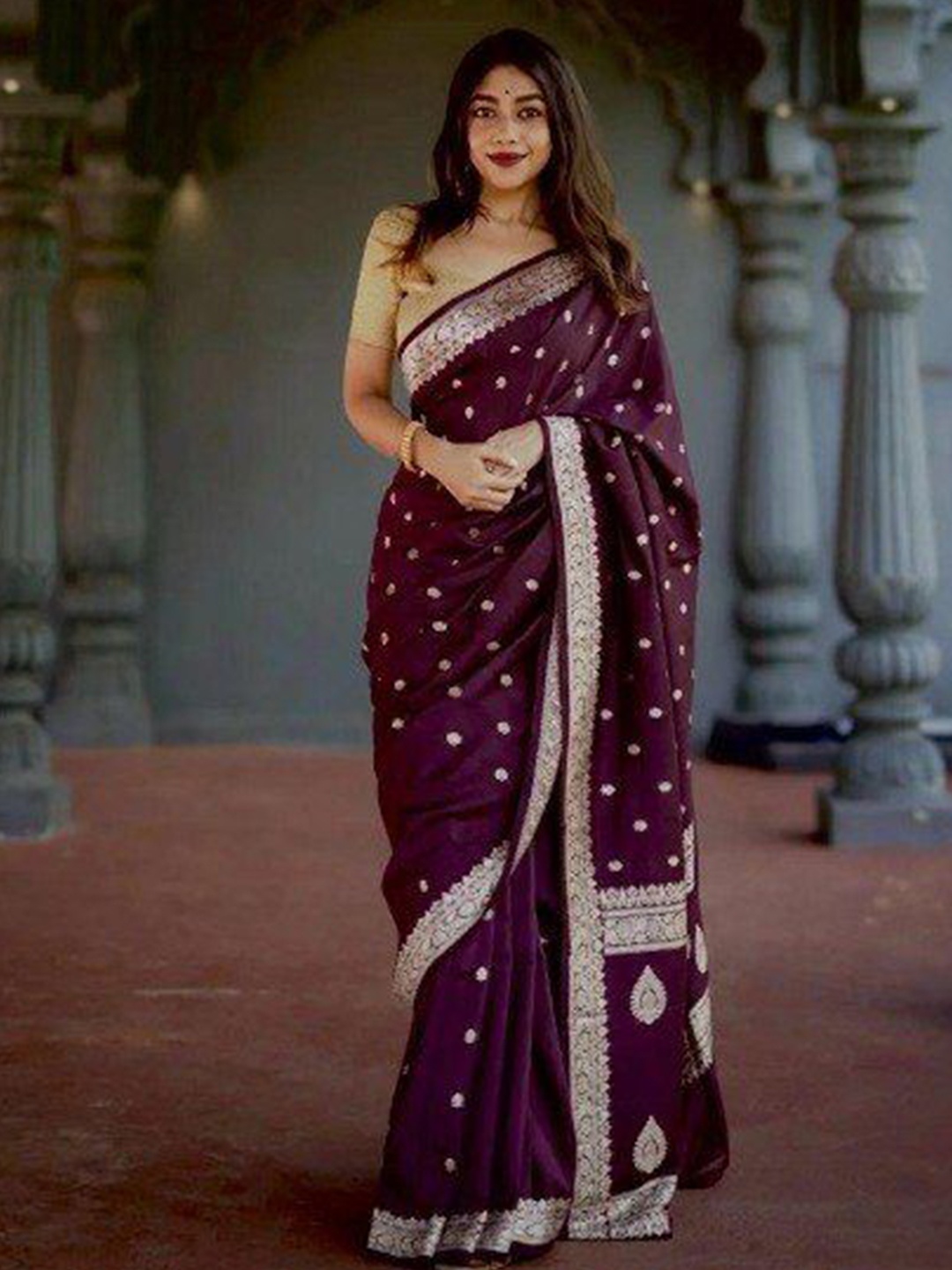 

HERE&NOW Woven Design Zari Silk Cotton Banarasi Saree, Purple