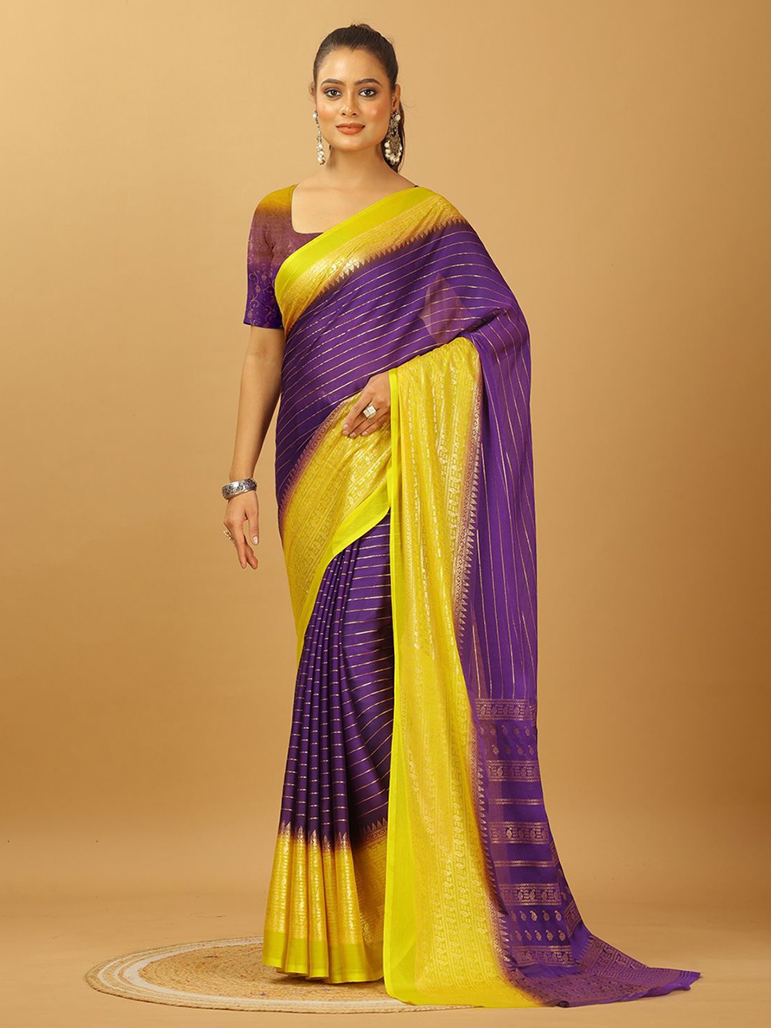 

VIRENDRA TEXTILES Moss Striped Woven Design Pure Crepe Saree, Purple