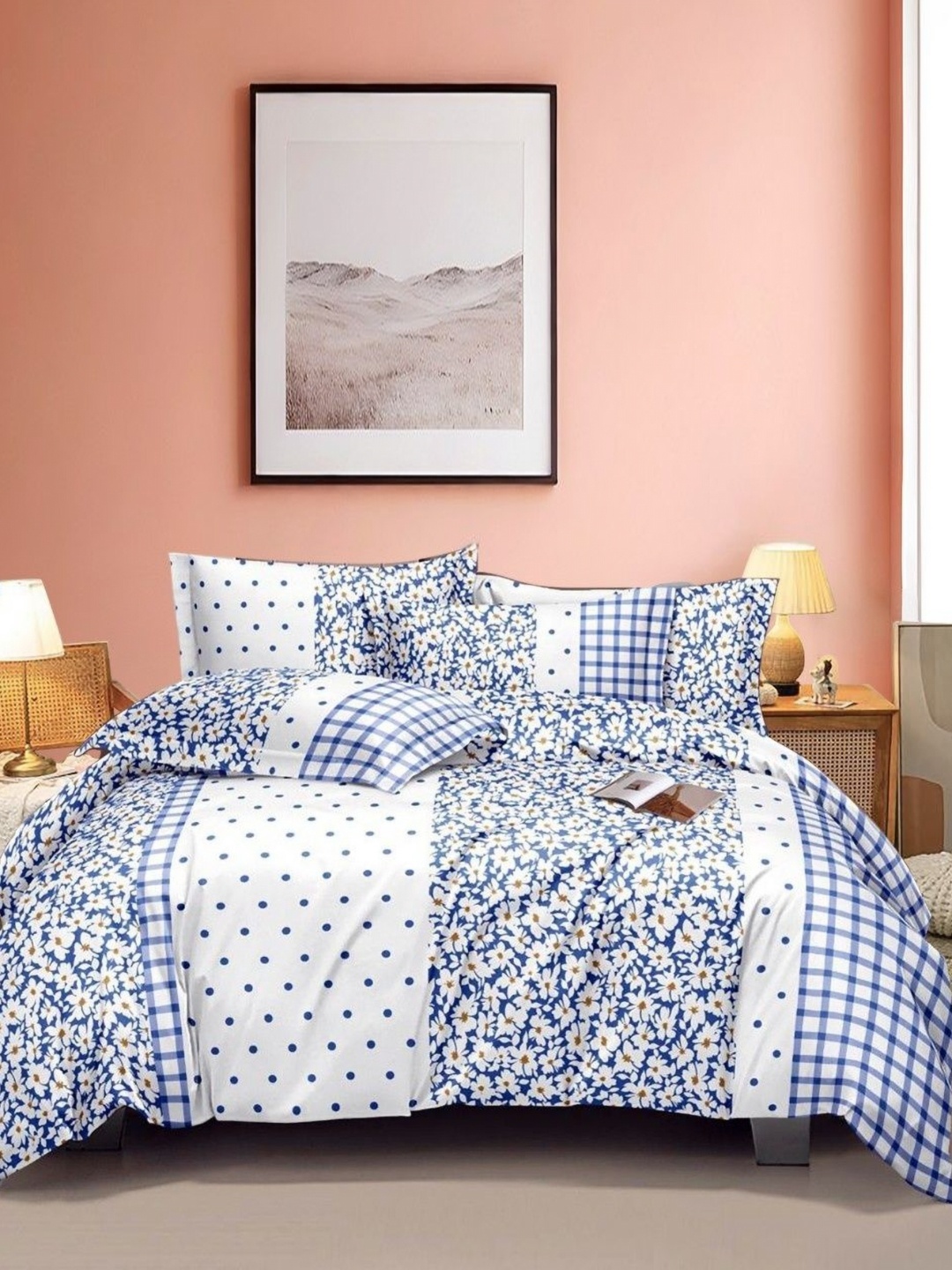 

Eleganta White & Blue Geometric 350 TC King Bedsheet with 2 Pillow Covers