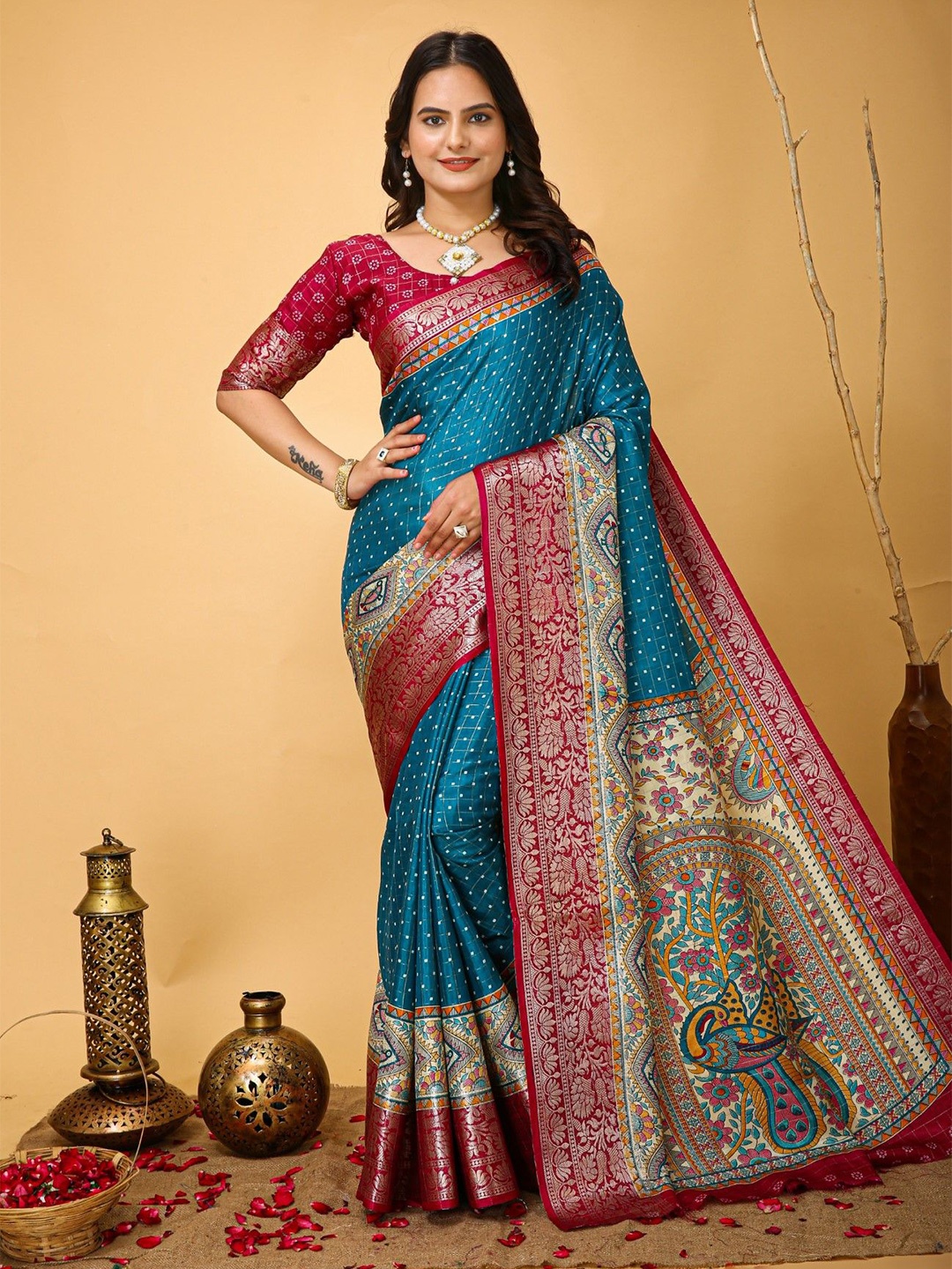 

Panzora Kalamkari Zari Bandhani Saree, Teal