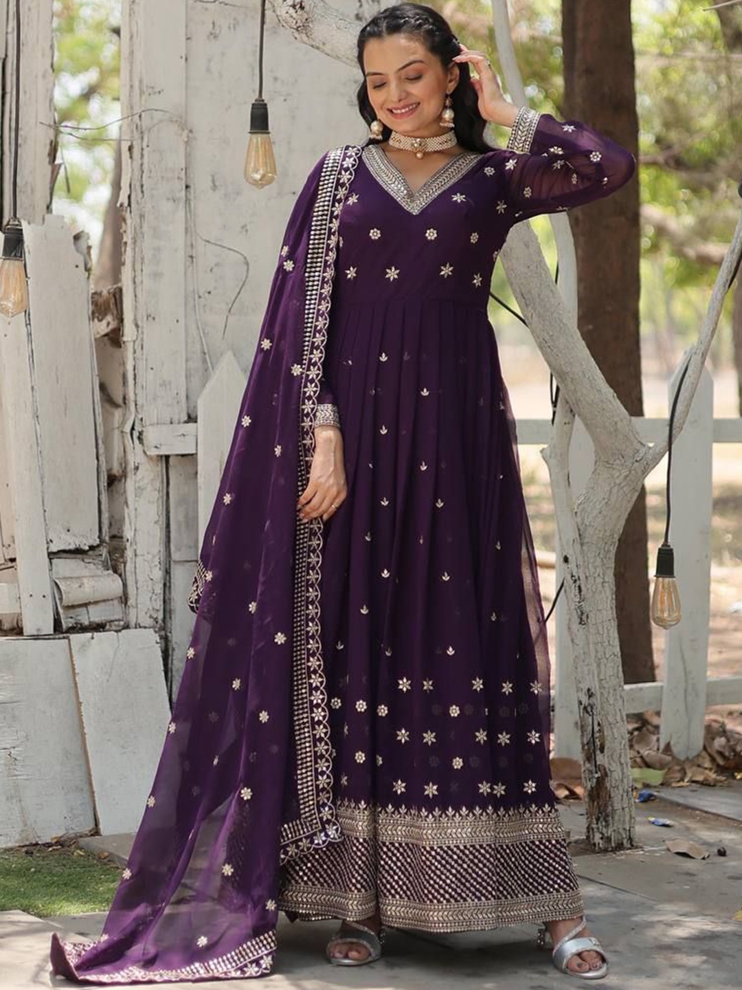

ZIBLON Embroidered Pure Soft Georgette Maxi Gown Ethnic Dress With Dupatta, Purple