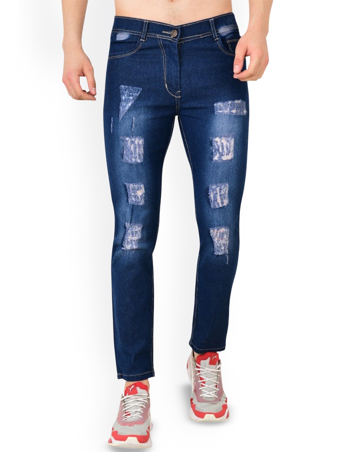 

LINARIA Men Cotton Classic Slim Fit Low-Rise Highly Distressed Light Fade Jeans, Blue