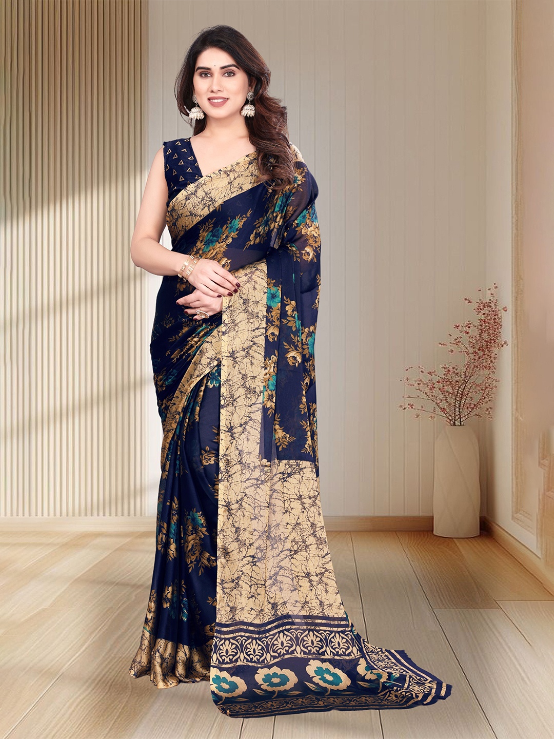

MAGNEITTA Floral Printed Pure Chiffon Saree, Navy blue