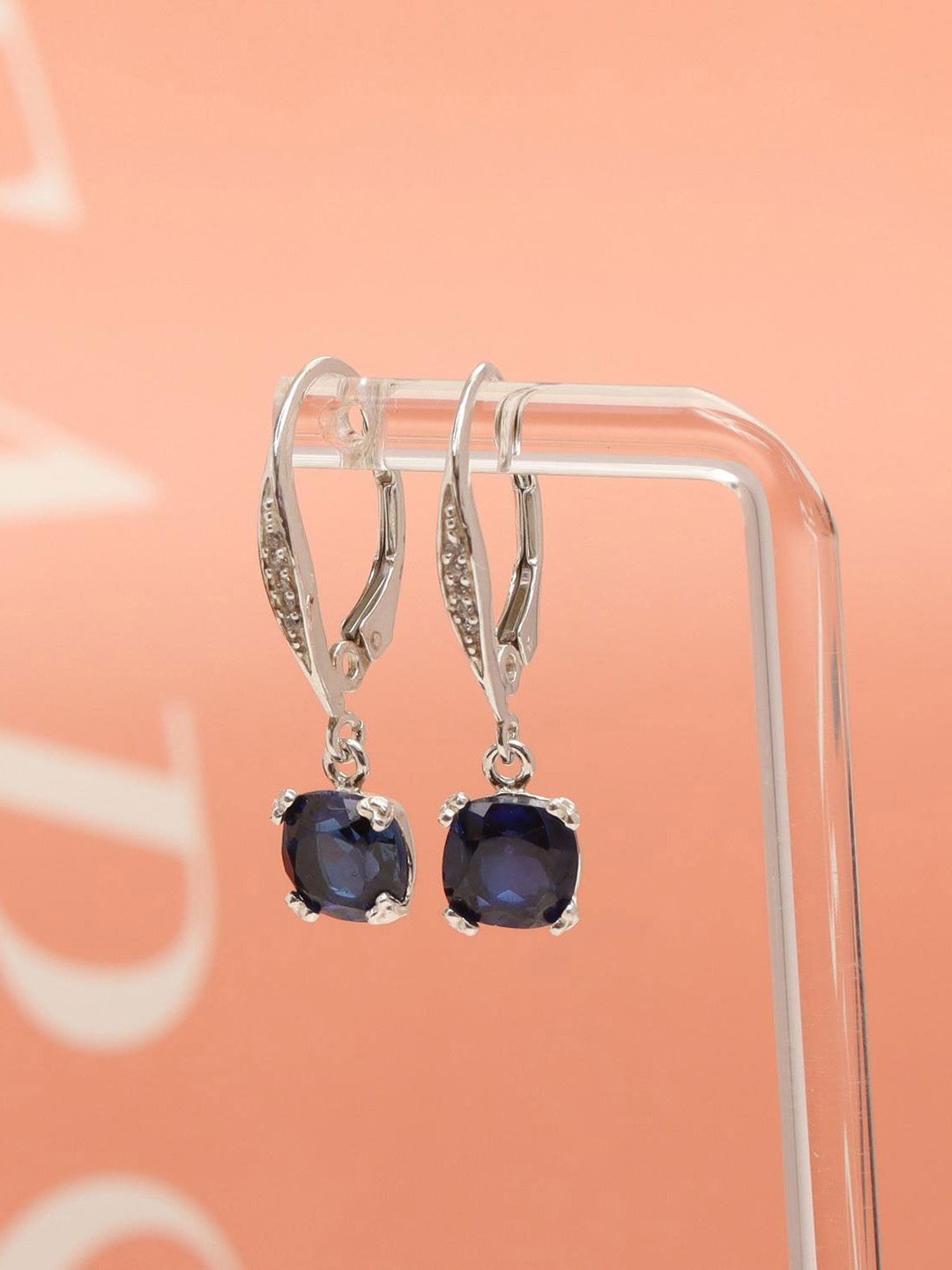 

LeCalla 925 Sterling Silver Silver-Plated Sapphire Studded Classic Shaped Drop Earrings