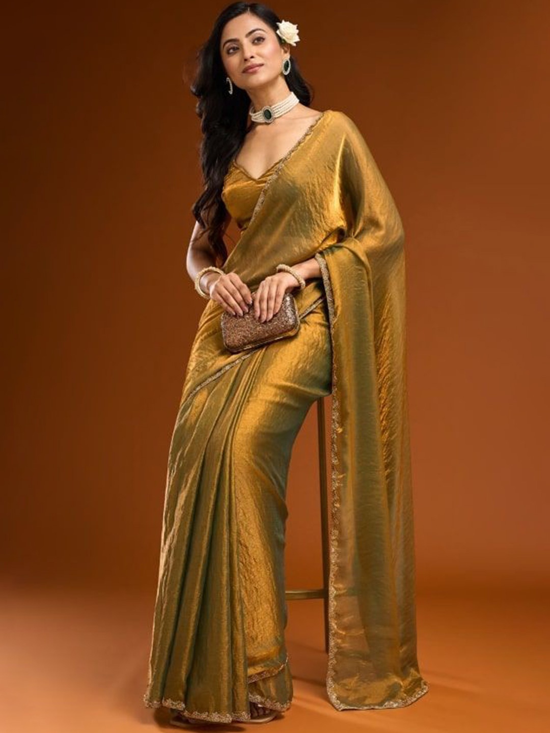 

MAHALASA Beads and Stones Pure Silk Saree, Gold