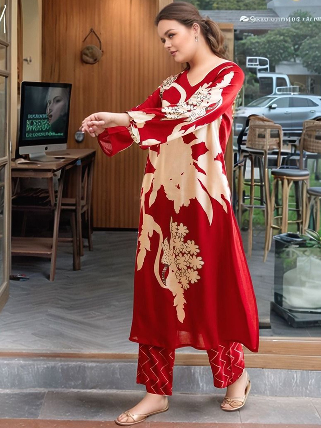 

KALINI Floral Printed V-Neck Straight Kurta with Palazzos, Red