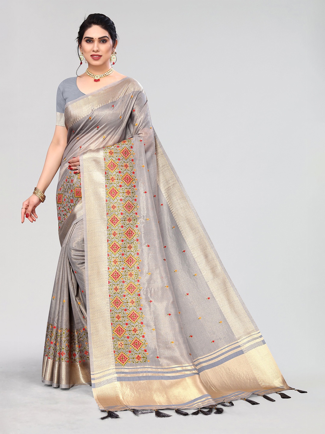 

VIRENDRA TEXTILES VIHANI Floral Woven Design Zari Pure Cotton Saree, Grey