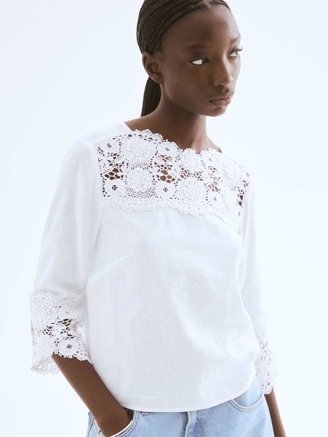 

H&M Embroidered Linen-Blend Blouse, White