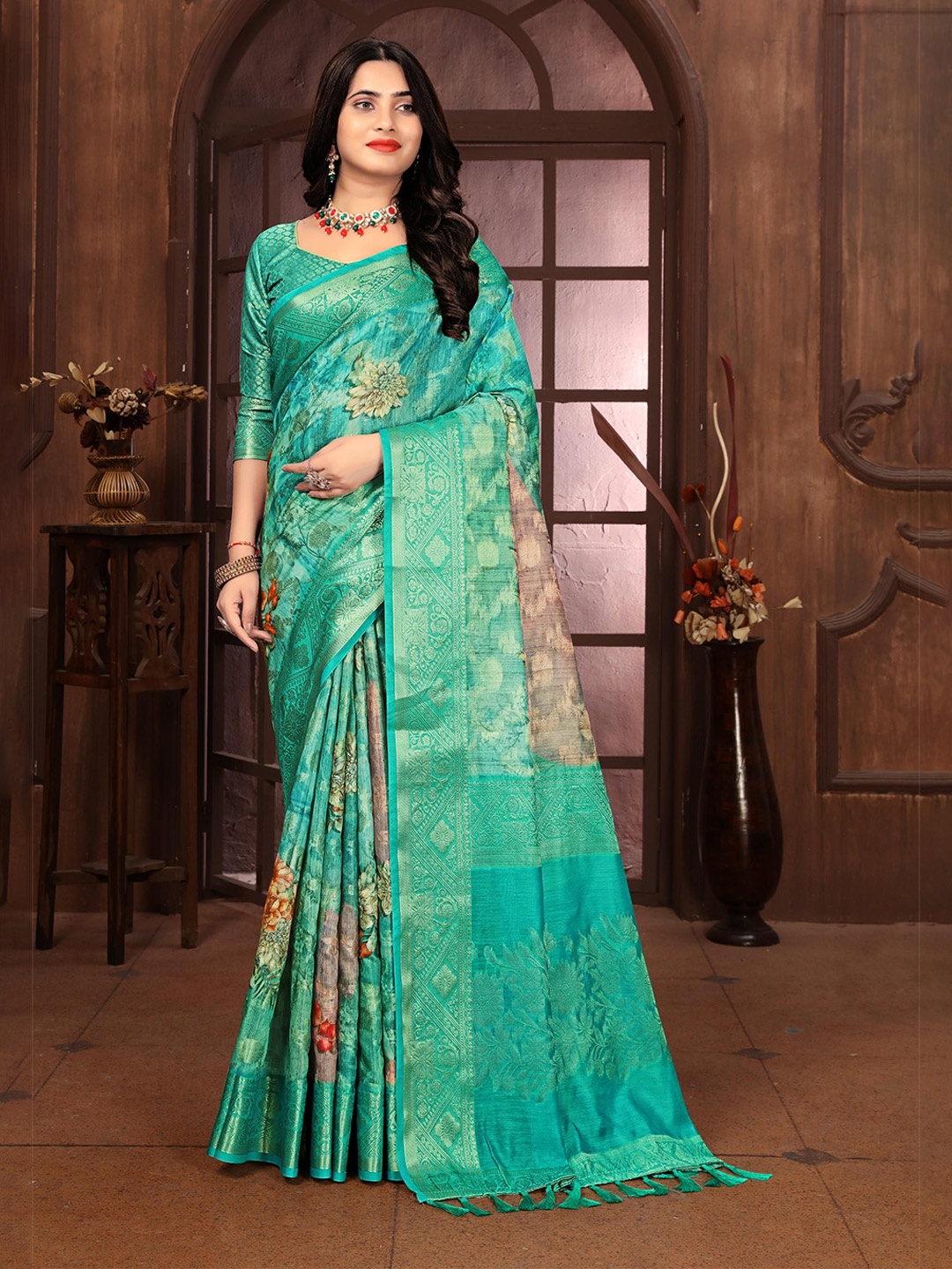 

VIRENDRA TEXTILES Ethnic Motifs Zari Art Silk Saree, Turquoise blue