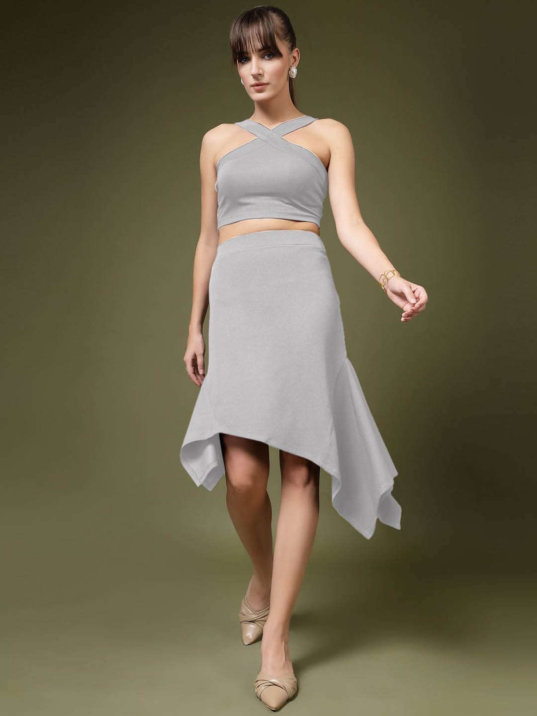 

DressBerry Halter Neck Crop Top With Skirt, Grey