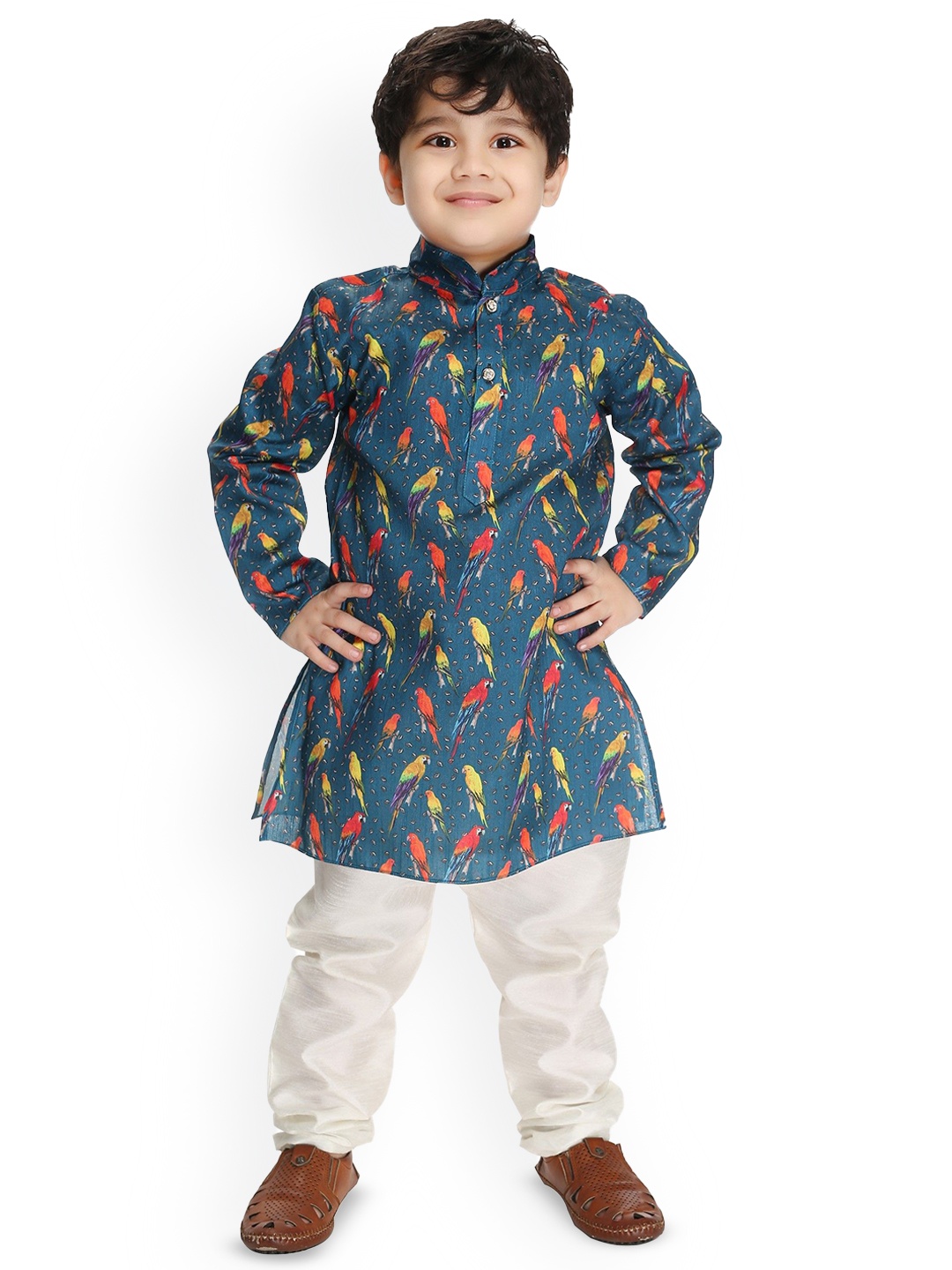 

BAESD Boys Quirky Printed Mandarin Collar Art Silk Straight Kurta With Pyjamas, Blue