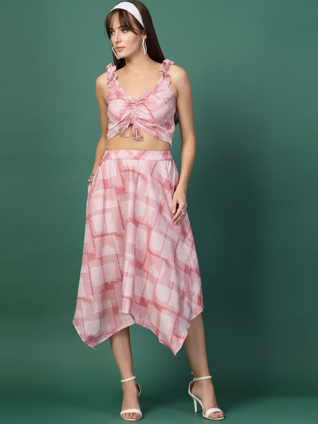 

DressBerry Printed V-Neck Top With Skirt, Pink