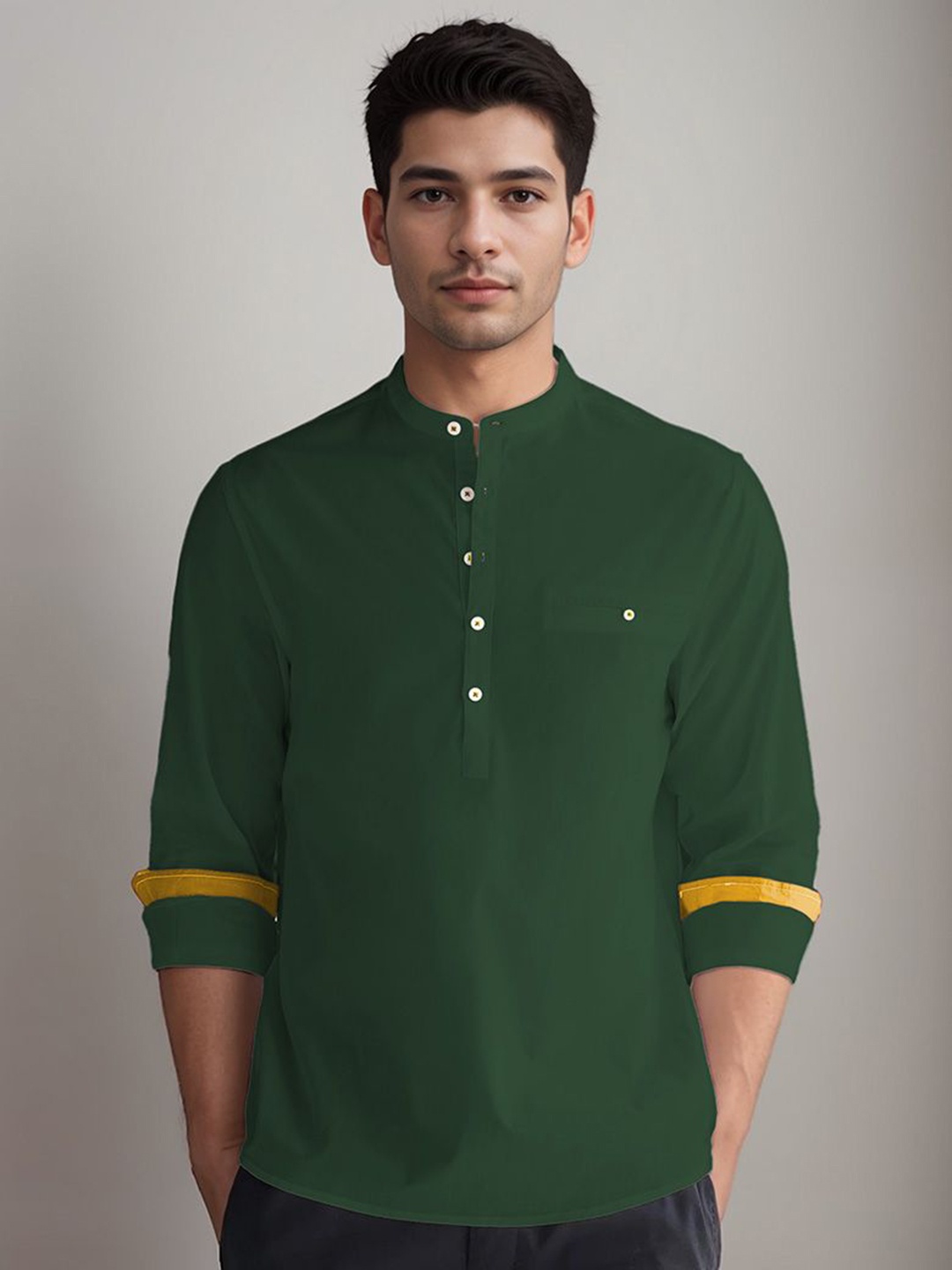 

APEKTRA Band Collar Straight Cotton Kurta, Green