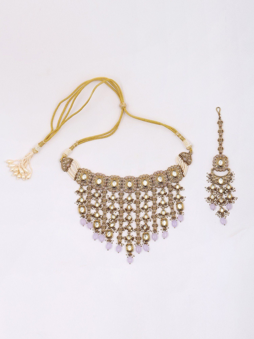 

Exotic India Stone Studded Necklace With Earrings & Mangtika & Beads Drop Jewellery Set, Gold