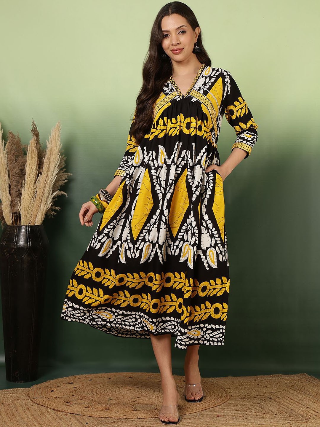 

Sangria Ethnic Motifs Print Mirror Work Pure Cotton A-line Dress, Black