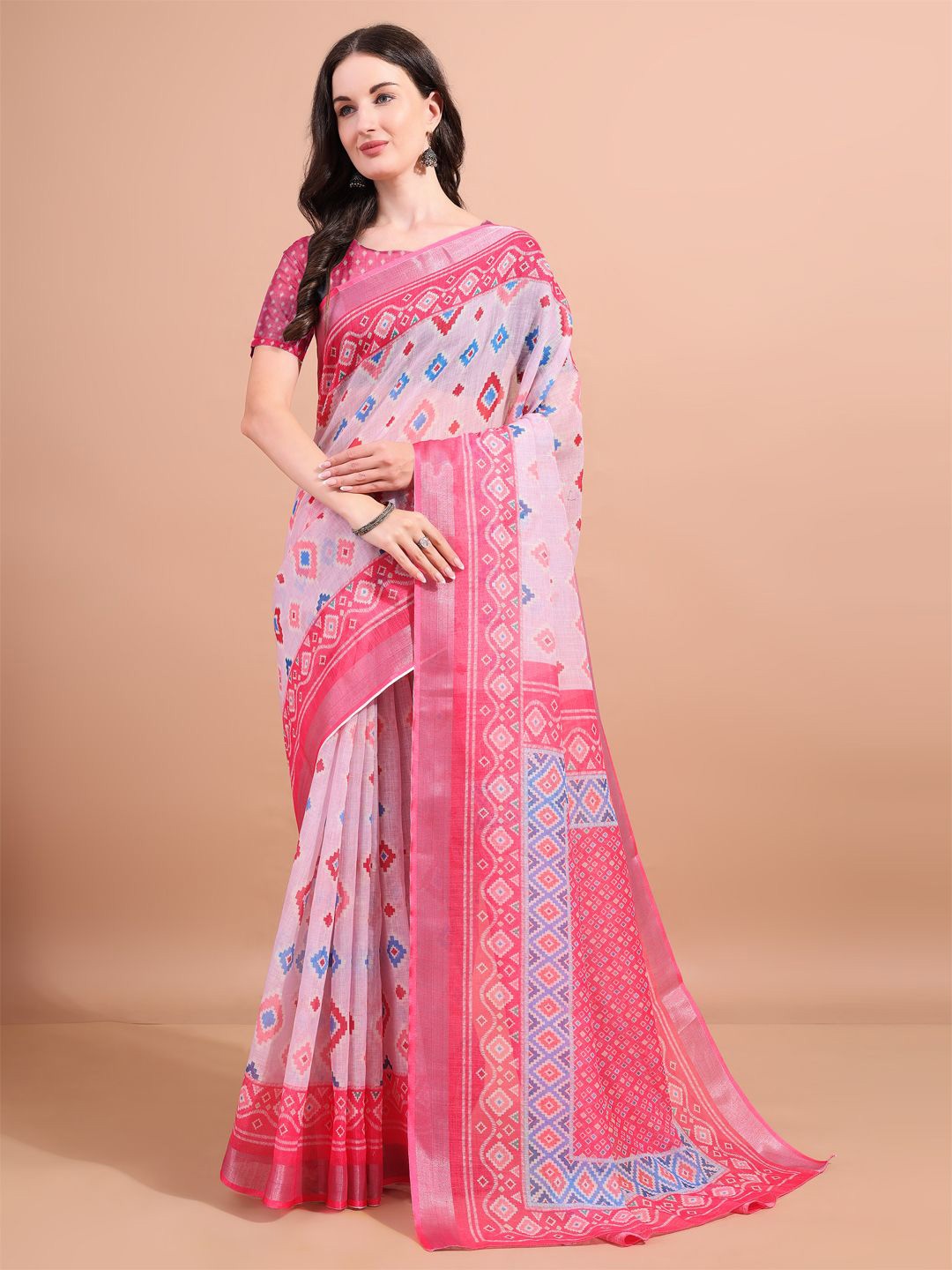 

BAPS Printed Zari Pure Linen Saree, Pink