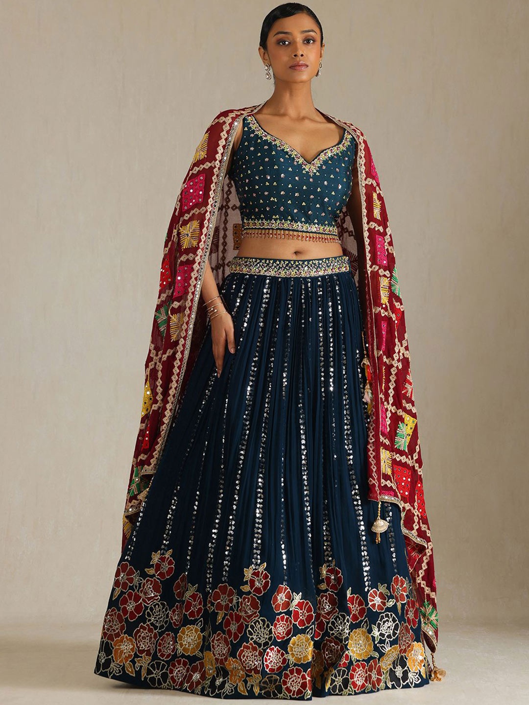 

Soch Floral Embellished Ready to Wear Dupion Silk Lehenga With Blouse & Dupatta, Navy blue