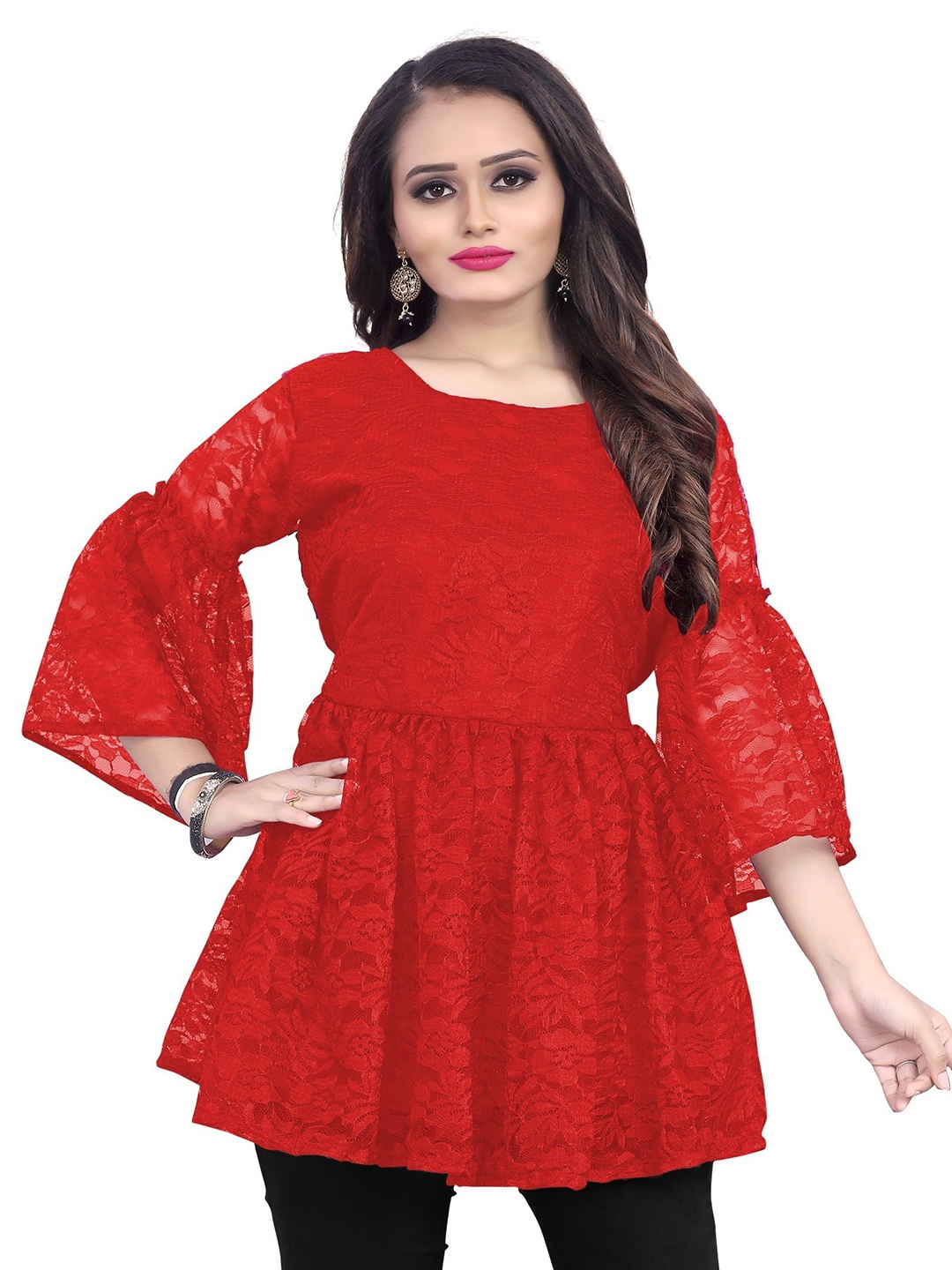 

FASHOKART Self Design Cotton A-Line Top, Red