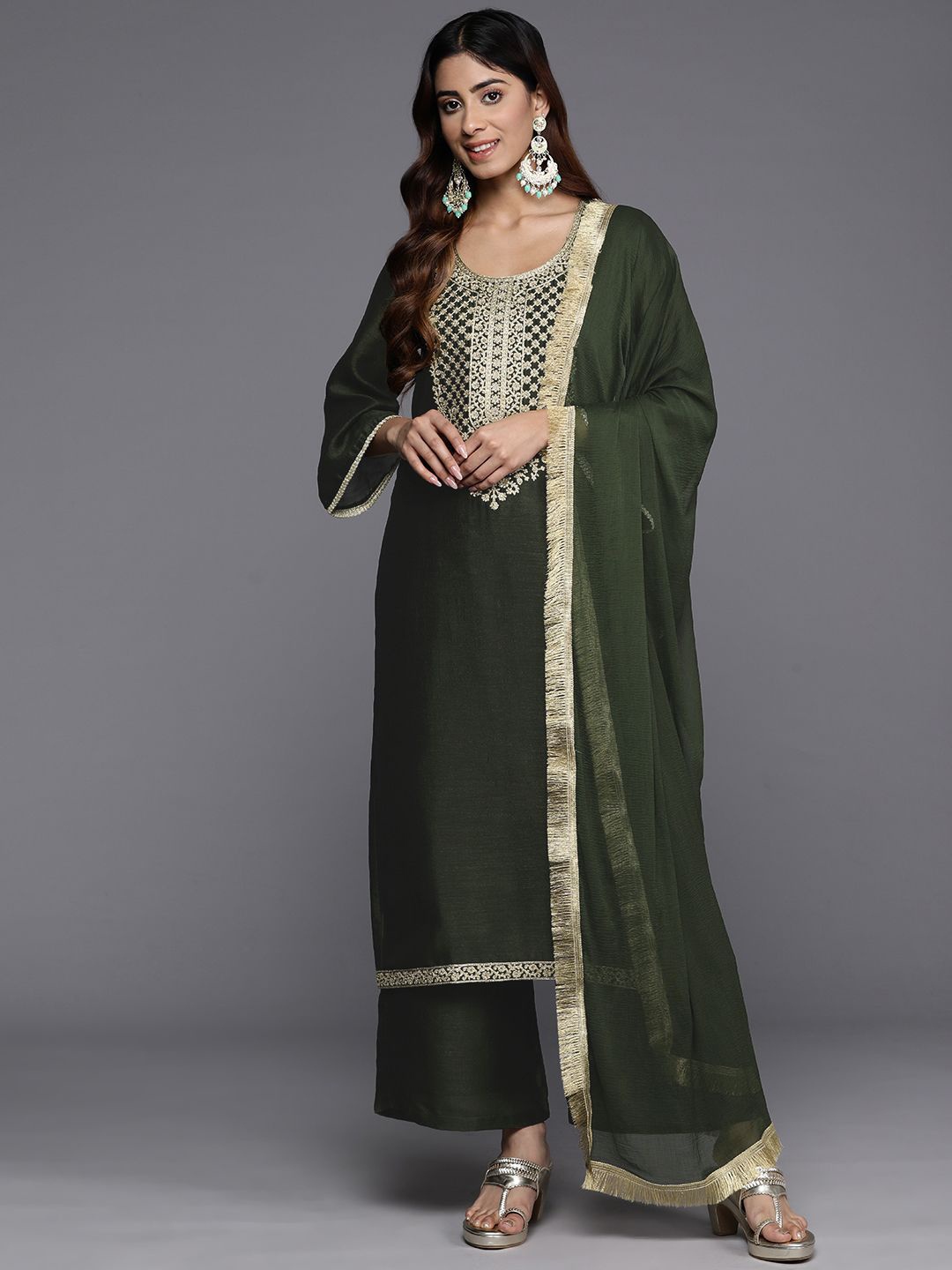 

DIVASTRI Floral Embroidered Sequinned Round Neck Straight Kurta With Palazzos & Dupatta, Olive