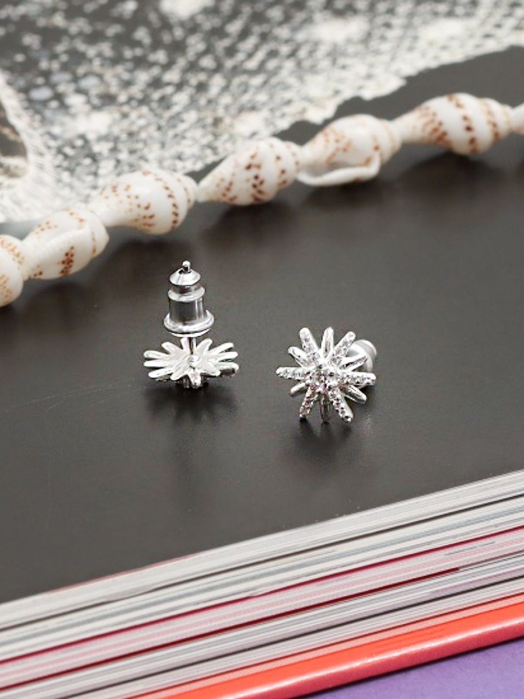 

LeCalla 925 Sterling Silver-Plated Cubic Zirconia Studded Floral Shaped Studs