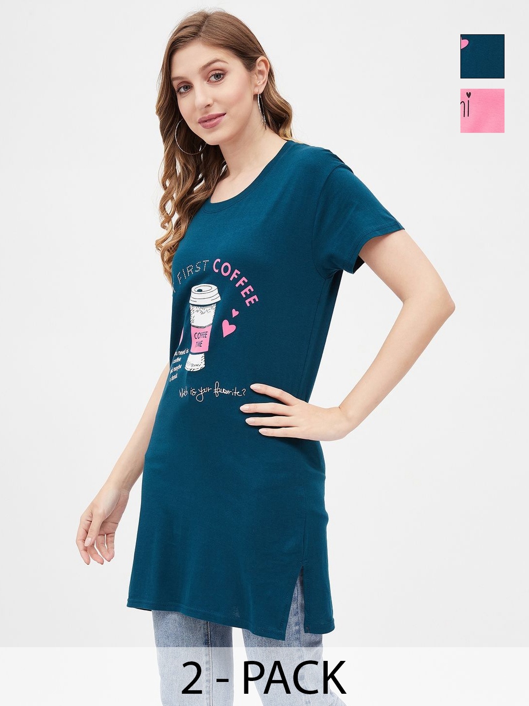 

Christy World Women 2 Printed Extended Sleeves Applique T-shirt, Multi