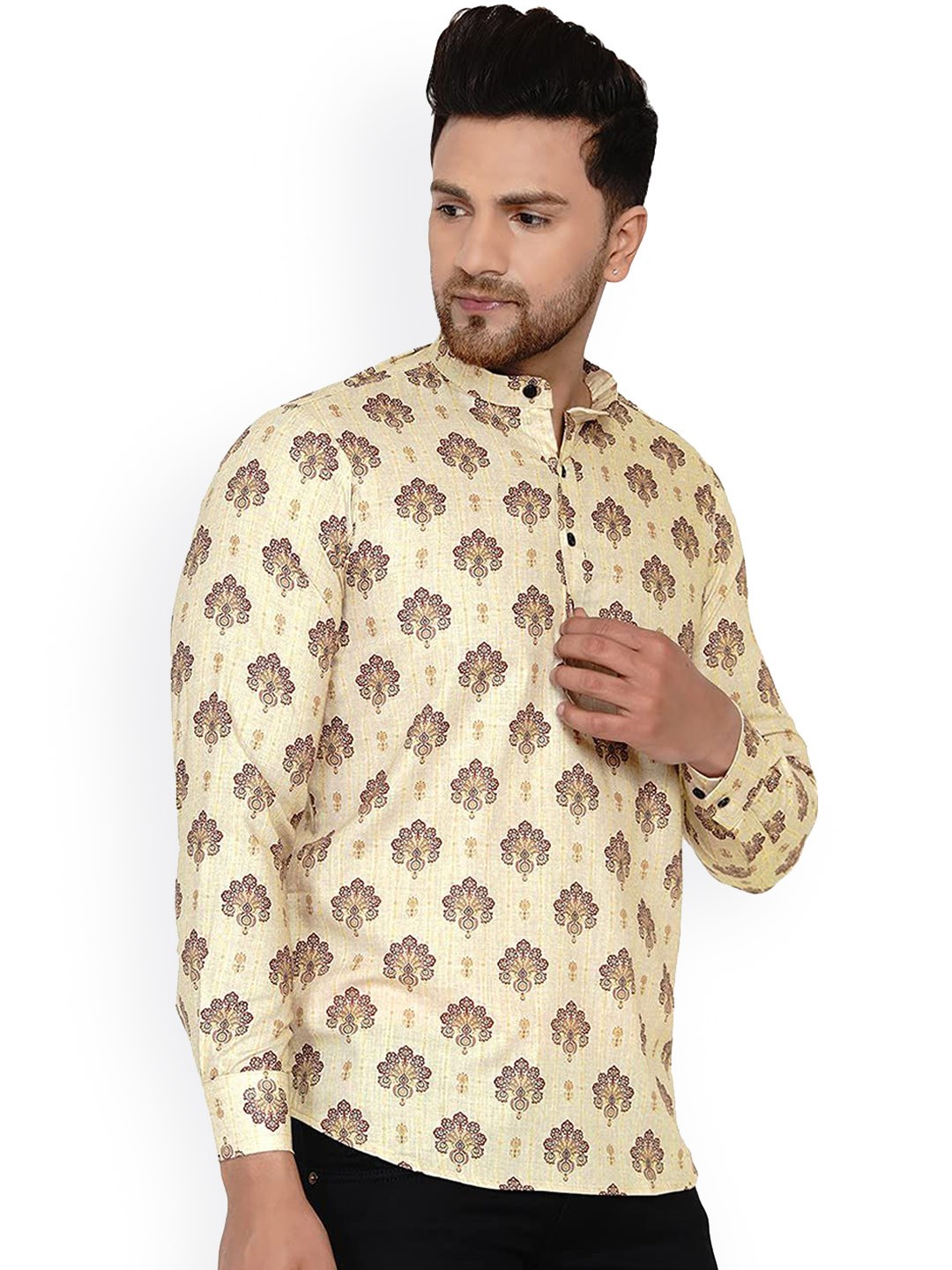

VEERA PARIDHAAN Ethnic Motifs Printed Band Collar Cotton Straight Short Kurta, Beige