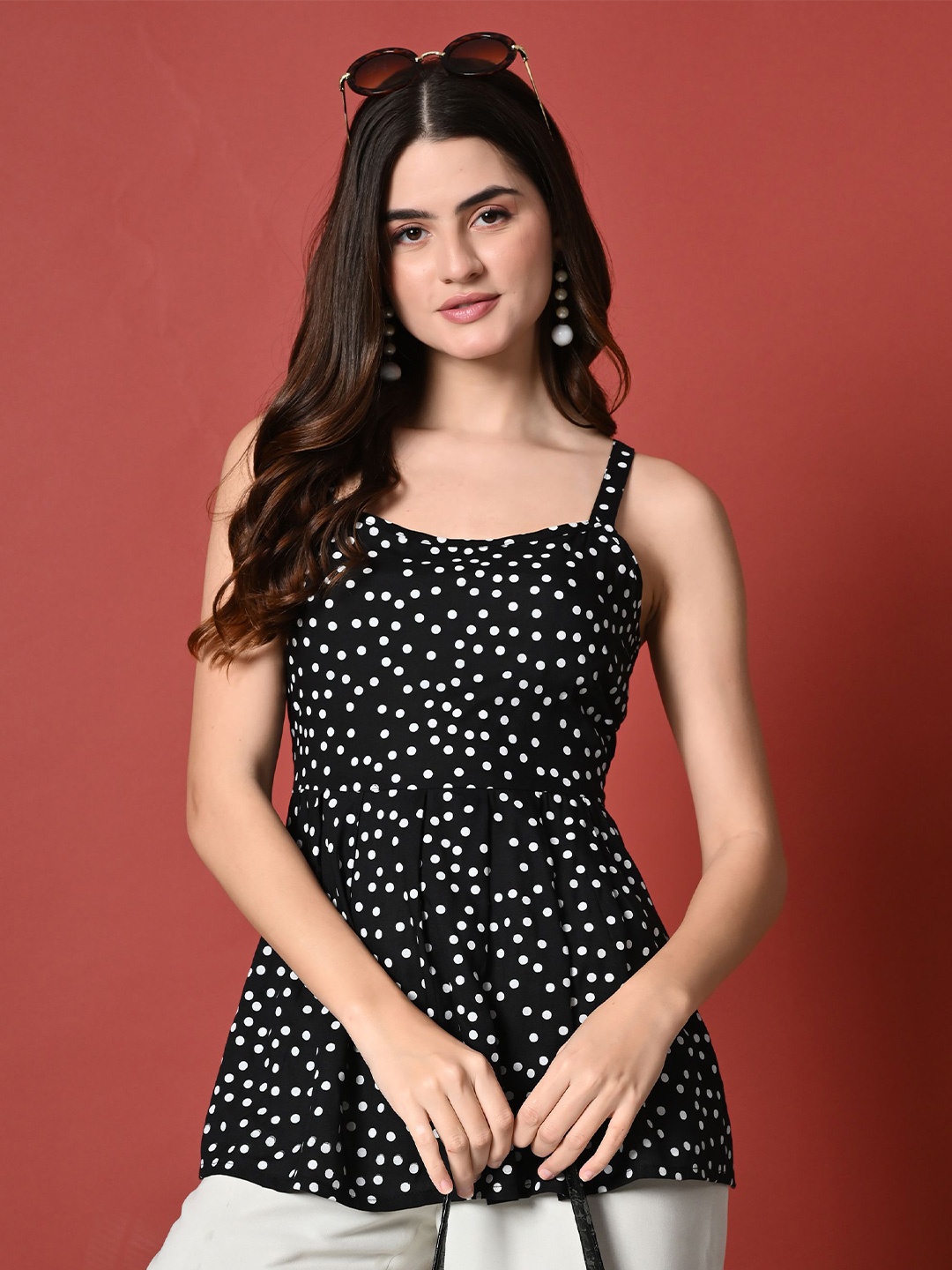 

Ao services Women Polka Dot Printed Shoulder Straps Neck Tunic, Black
