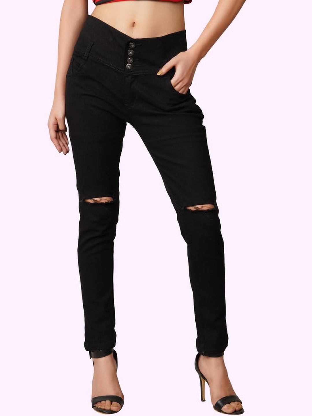 

LINARIA Women Classic Slim Fit Slash Knee Jeans, Black