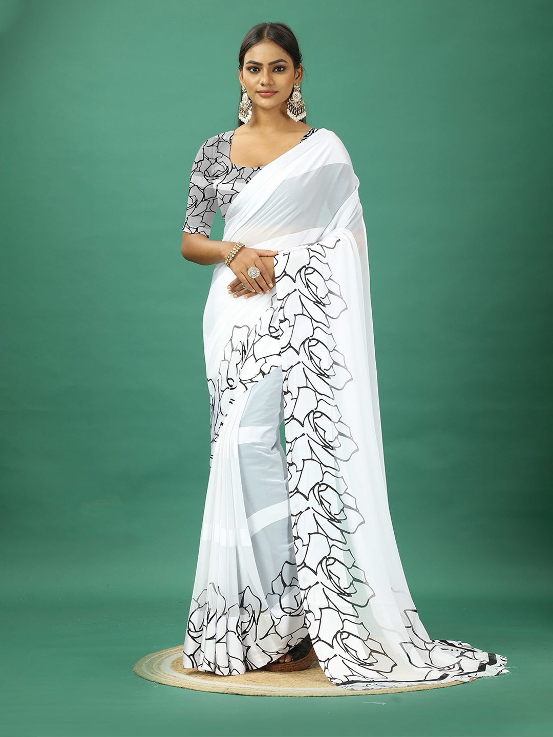 

VIRENDRA TEXTILES Printed Satin Saree With Blouse Piece, White