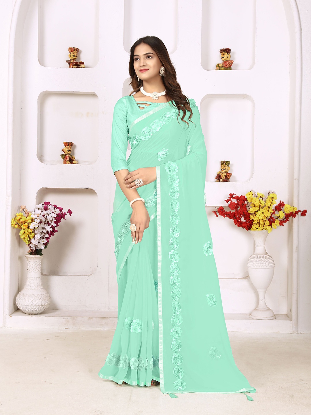 

VIRENDRA TEXTILES Embellished Pure Georgette Saree, Green