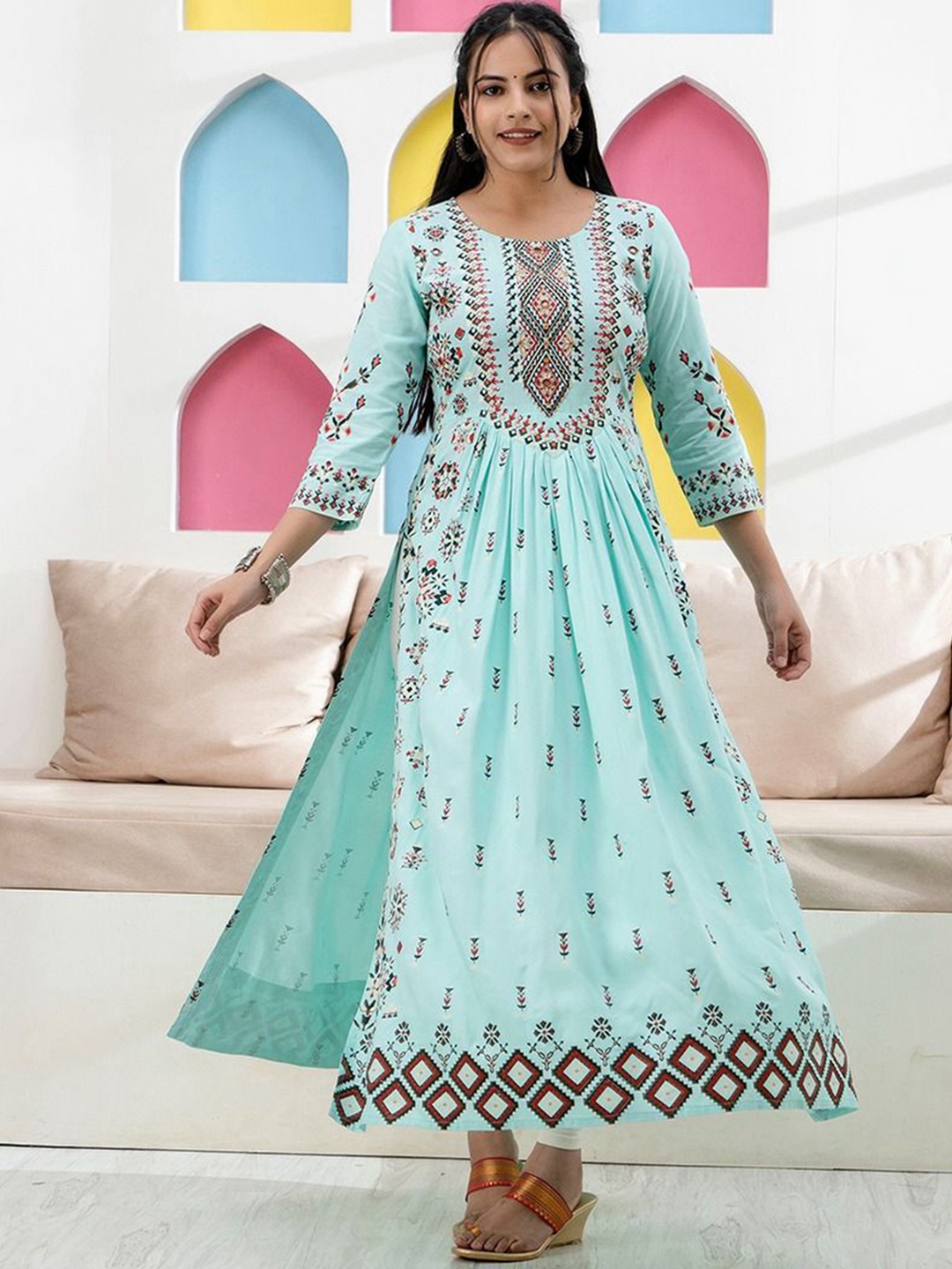 

RAABA Ethnic Motifs Printed Nayra Cut Long Kurta, Turquoise blue
