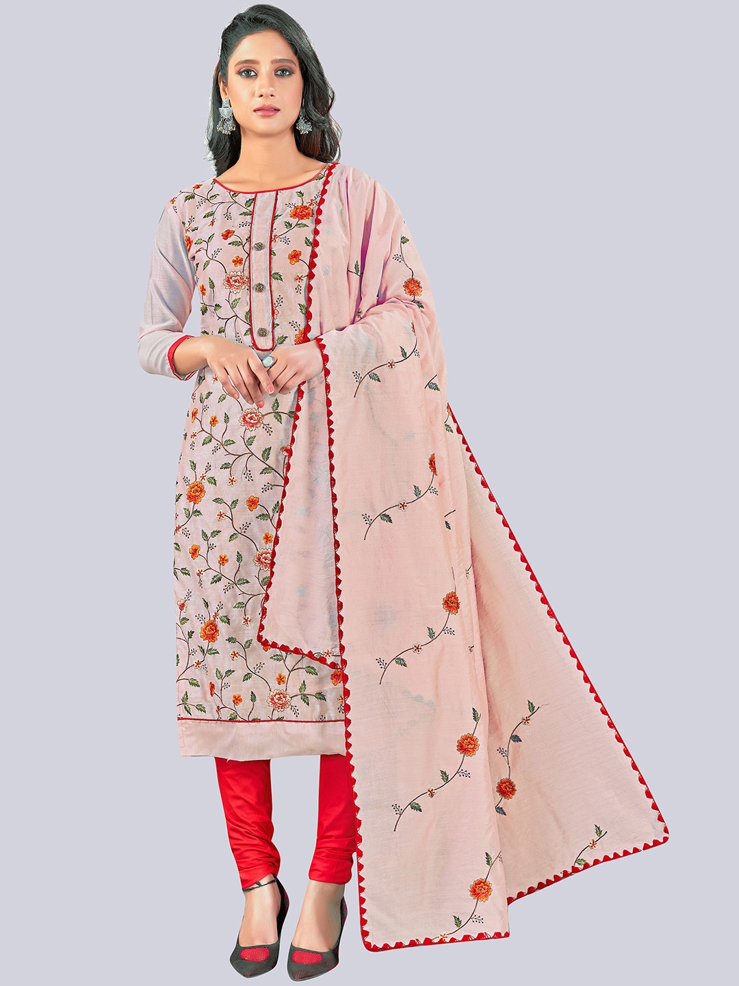 

HERE&NOW Floral Embroidered Unstitched Dress Material, Pink