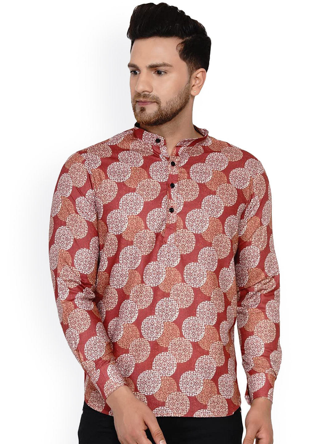

VEERA PARIDHAAN Ethnic Motifs Printed Cotton Thread Work Mandarin Collar Short Kurta, Maroon