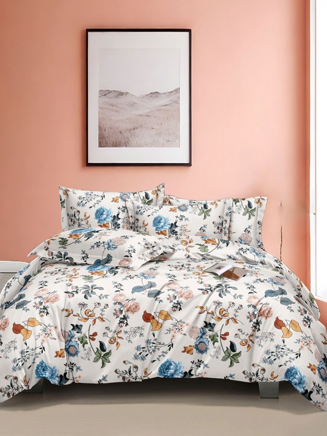 

Eleganta White & Blue Floral 350 TC King Bedsheet with 2 Pillow Covers