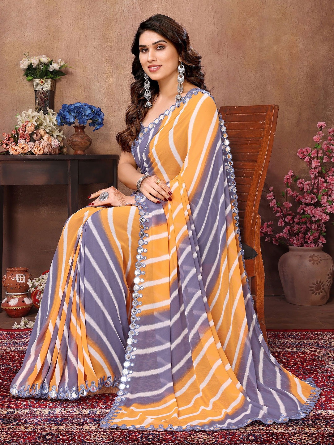 

ROOP SUNDARI SAREES Women Striped Mirror Work Pure Georgette Designer Saree, Grey